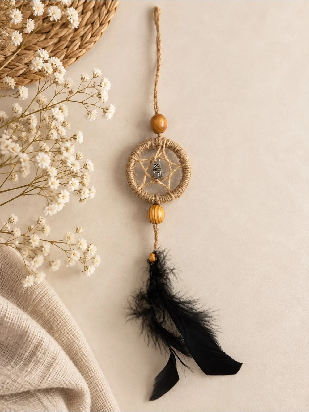 Handmade Beige and Black Dreamcatcher Wall Hanging